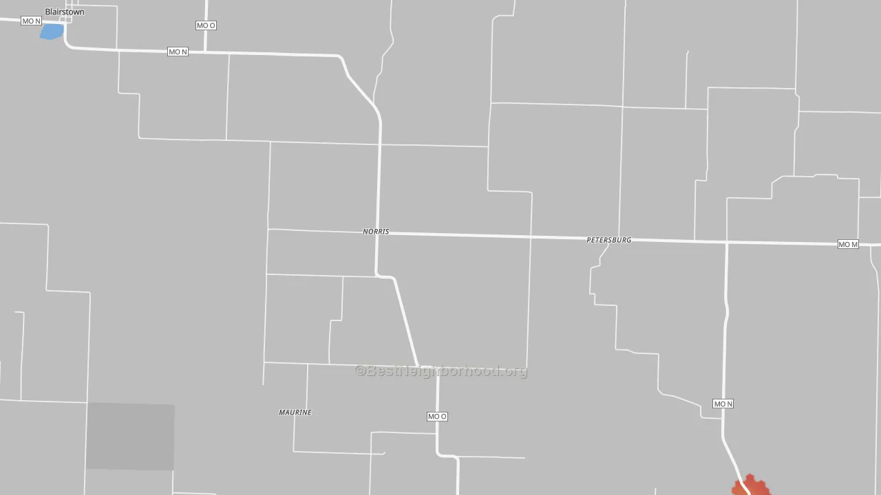 Walk Grade map of Norris, MO, walkable areas in green and car-dependent areas in red
