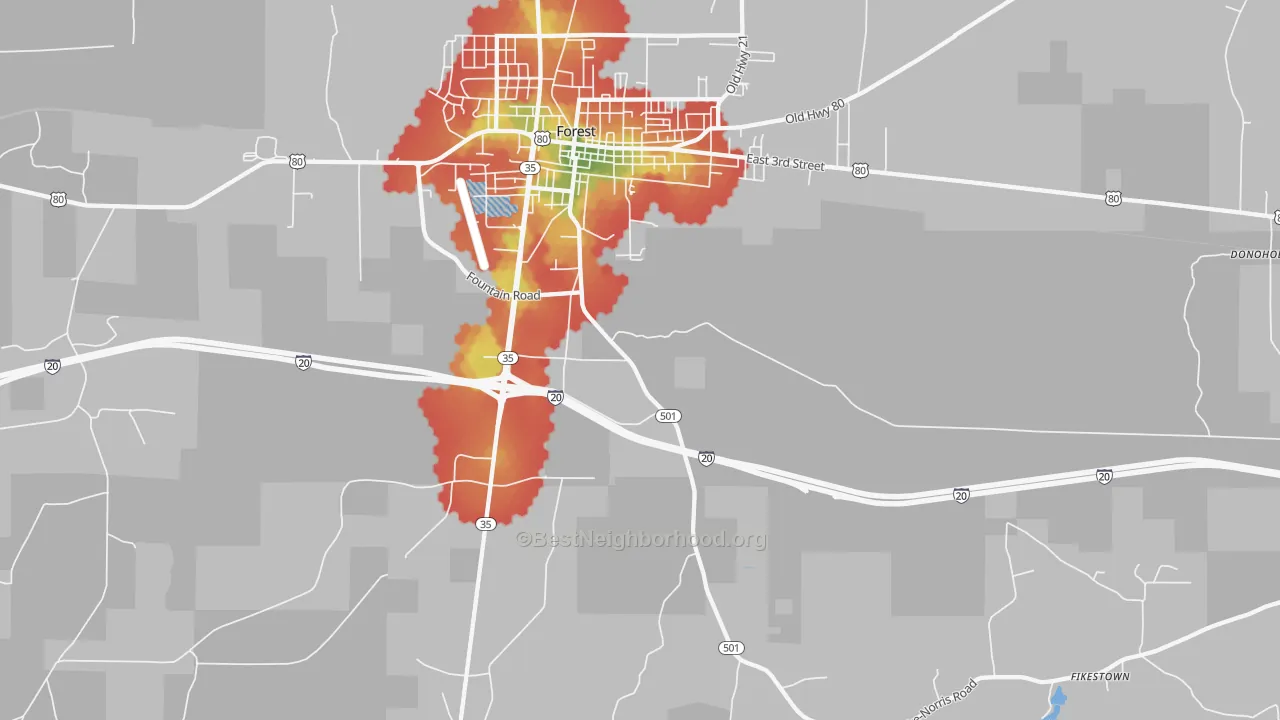 Walk Grade map of Norris, MS, walkable areas in green and car-dependent areas in red