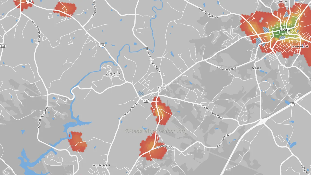 Walk Grade map of Norris, SC, walkable areas in green and car-dependent areas in red