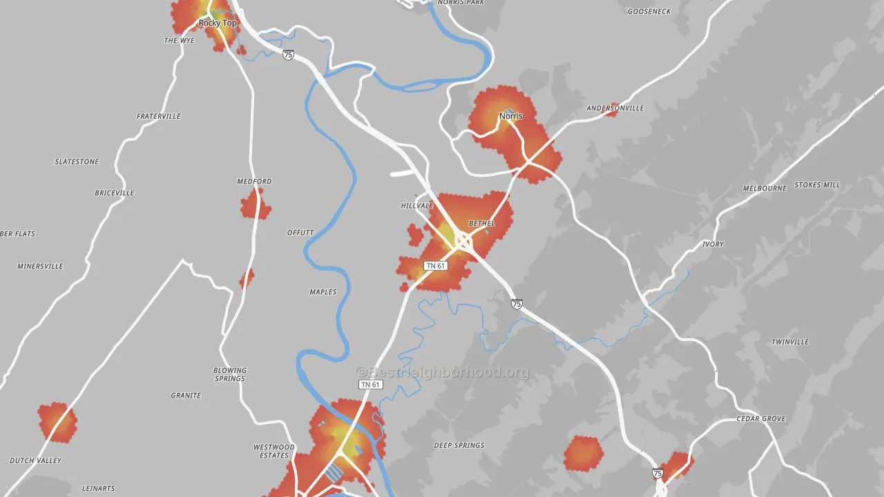 Walk Grade map of Norris, TN, walkable areas in green and car-dependent areas in red