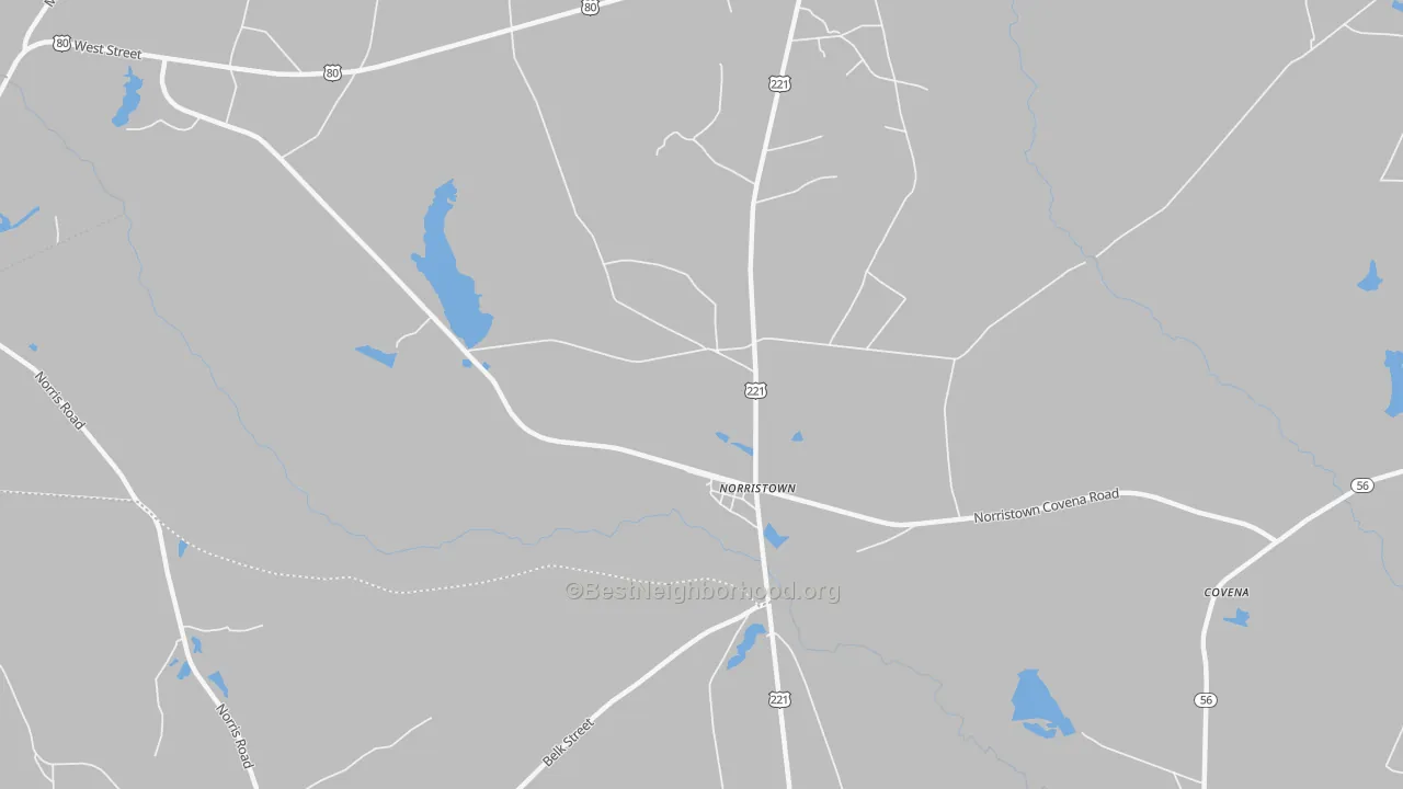 Walk Grade map of Norristown, GA, walkable areas in green and car-dependent areas in red