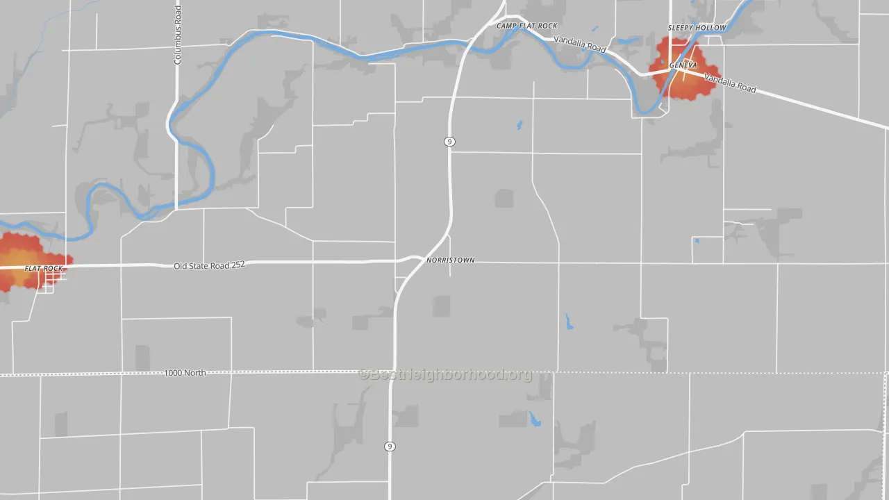 Walk Grade map of Norristown, IN, walkable areas in green and car-dependent areas in red