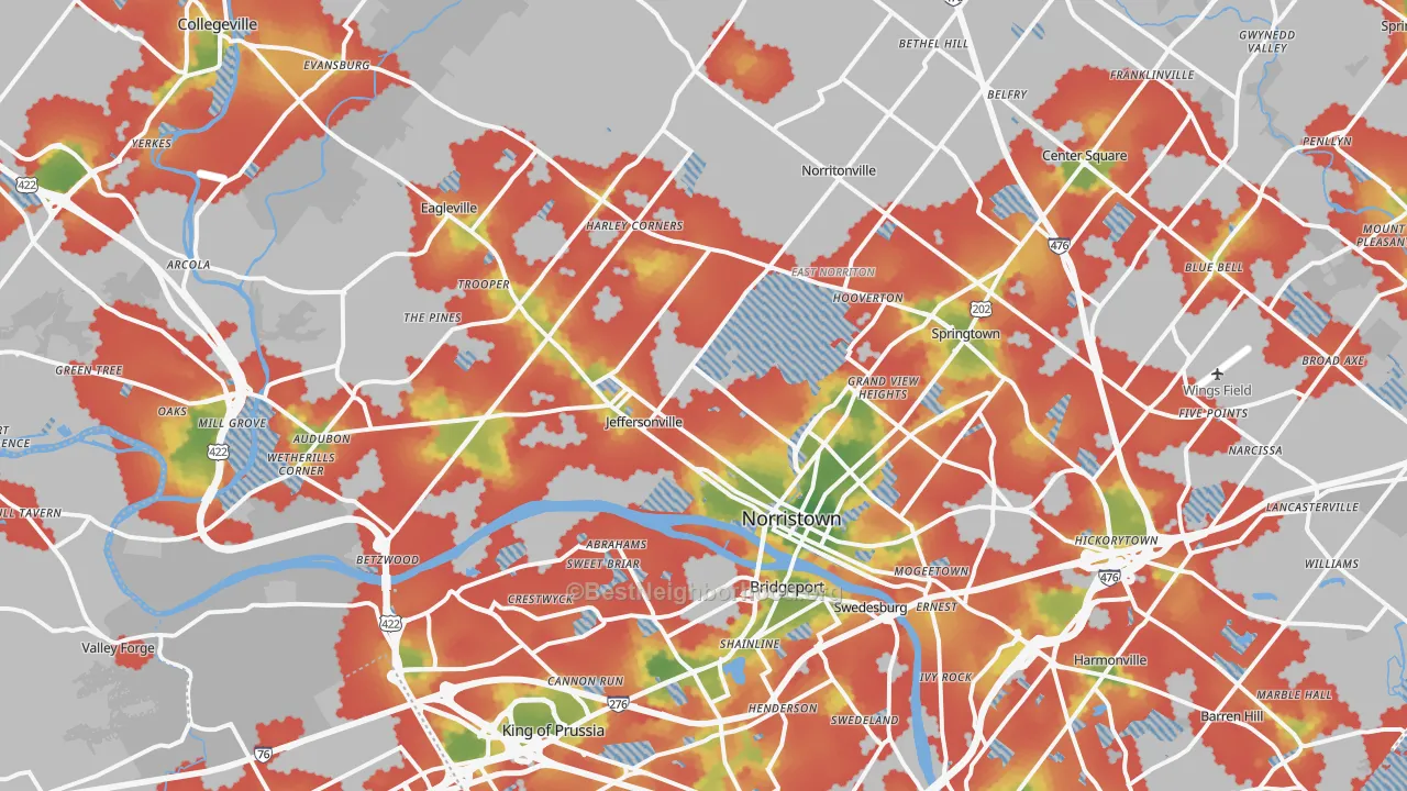 Walk Grade map of Norristown, PA, walkable areas in green and car-dependent areas in red
