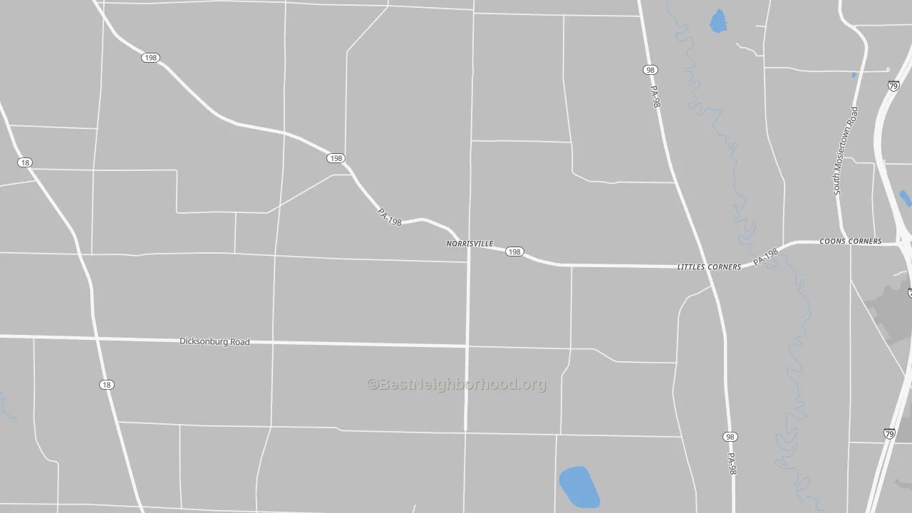Walk Grade map of Norrisville, PA, walkable areas in green and car-dependent areas in red