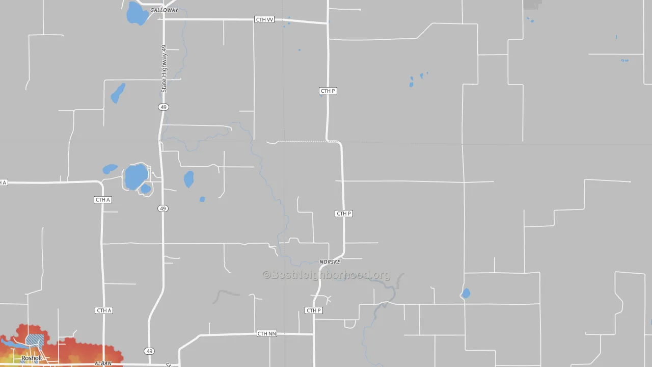 Walk Grade map of Norske, WI, walkable areas in green and car-dependent areas in red