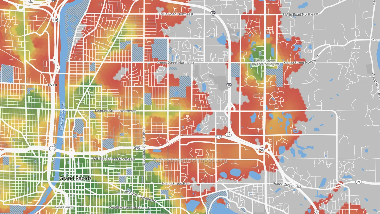 Walk Grade map of Norteast Citizens Action, Grand Rapids, MI, walkable areas in green and car-dependent areas in red