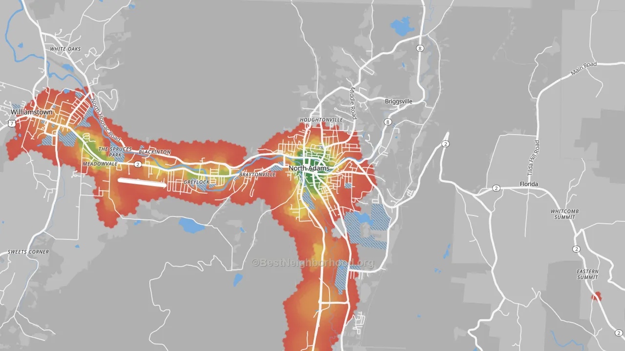 Walk Grade map of North Adams, MA, walkable areas in green and car-dependent areas in red