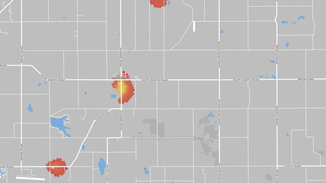 Walk Grade map of North Adams, MI, walkable areas in green and car-dependent areas in red