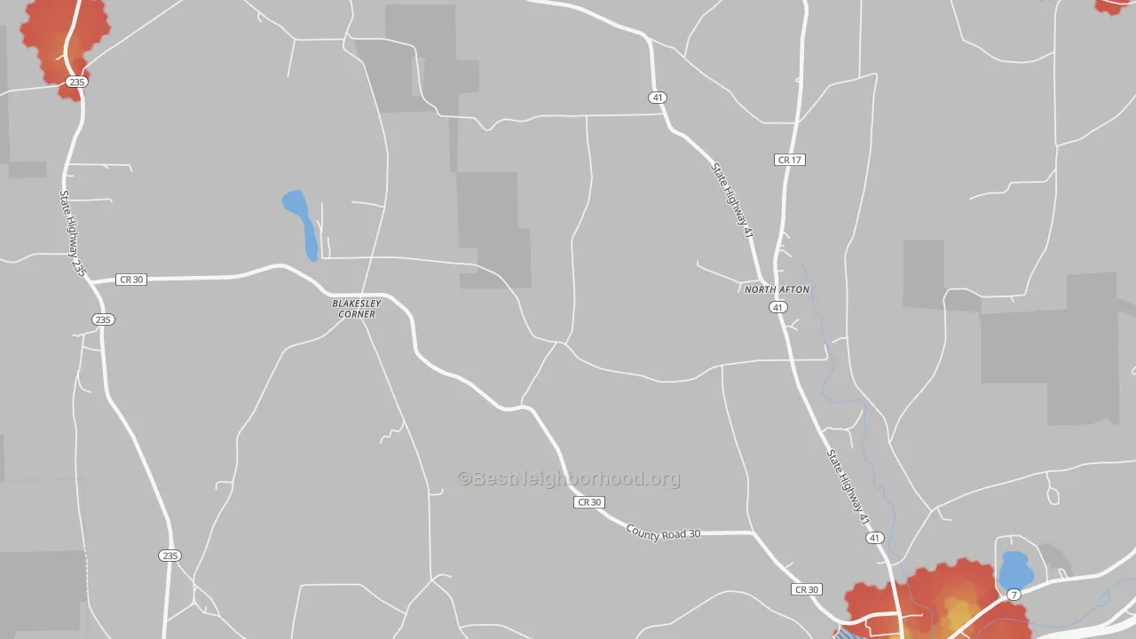 Walk Grade map of North Afton, NY, walkable areas in green and car-dependent areas in red