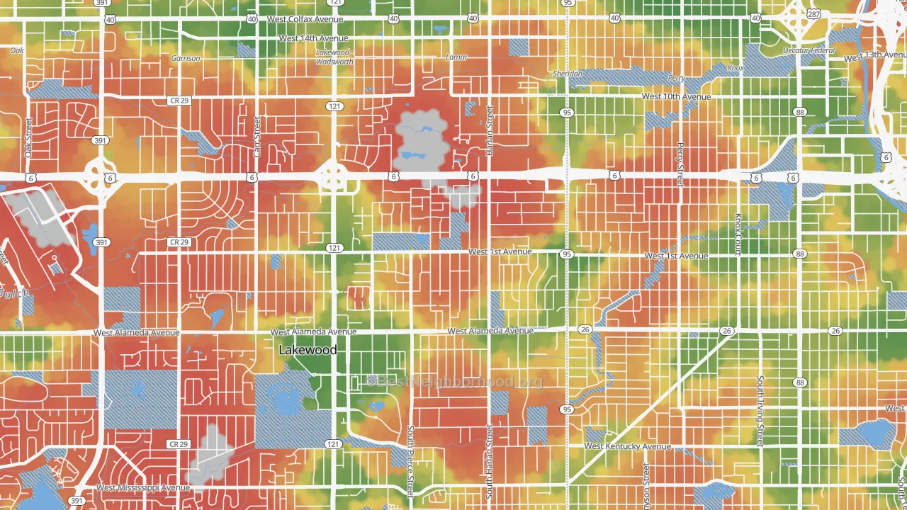 Walk Grade map of North Alameda, Lakewood, CO, walkable areas in green and car-dependent areas in red
