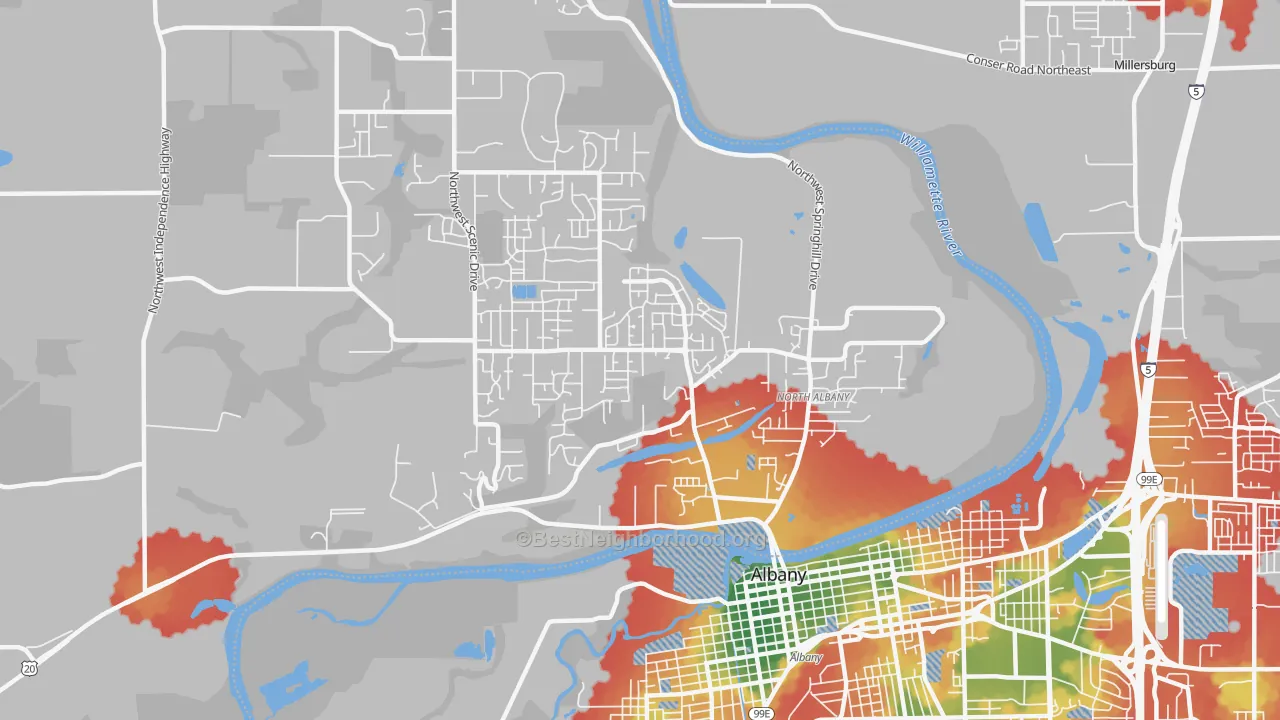 Walk Grade map of North Albany, Albany, OR, walkable areas in green and car-dependent areas in red