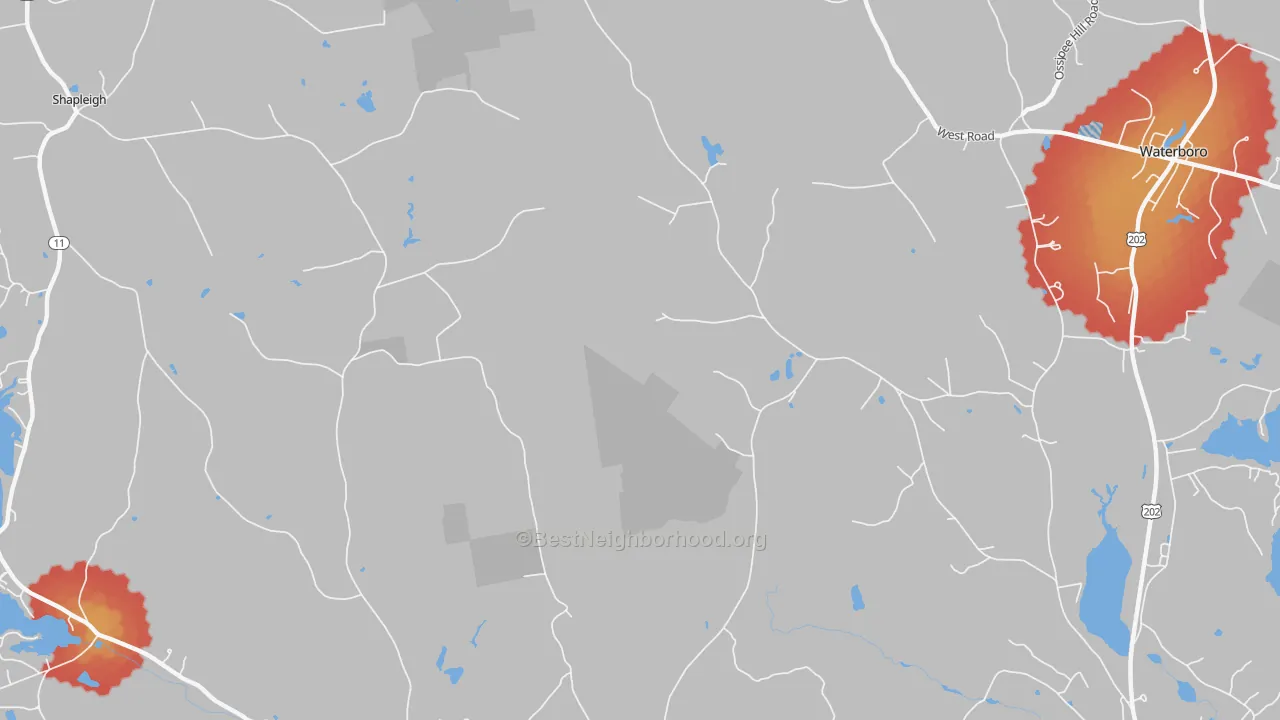 Walk Grade map of North Alfred, ME, walkable areas in green and car-dependent areas in red