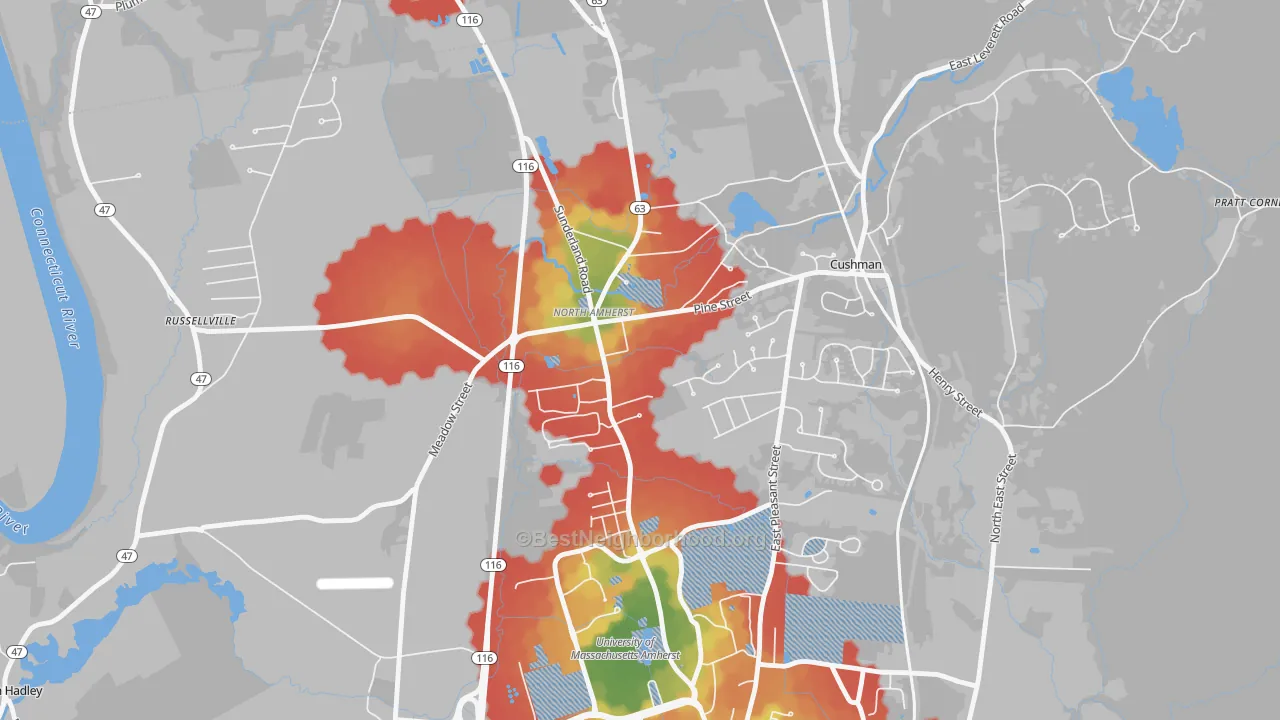 Walk Grade map of North Amherst, Amherst, MA, walkable areas in green and car-dependent areas in red
