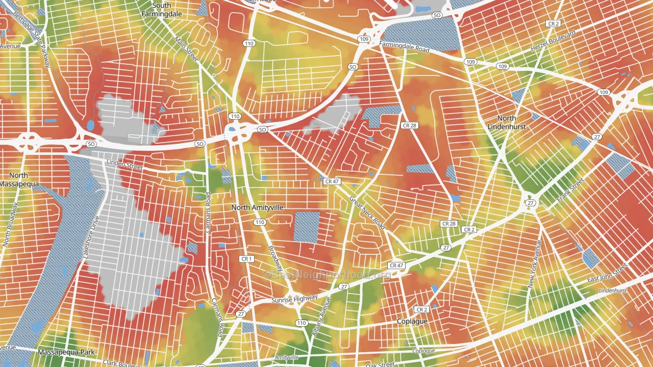Walk Grade map of North Amityville, NY, walkable areas in green and car-dependent areas in red