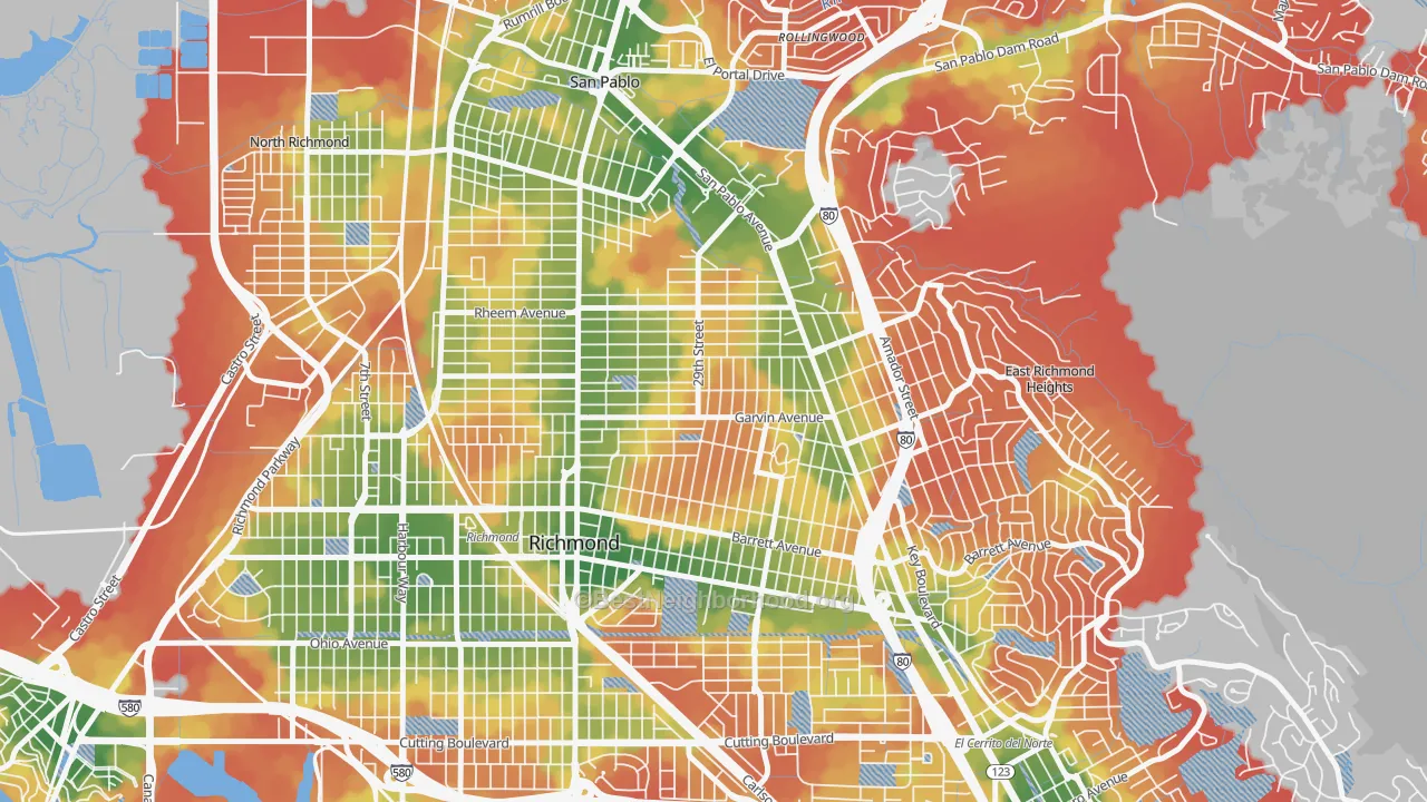 Walk Grade map of North and East, Richmond, CA, walkable areas in green and car-dependent areas in red