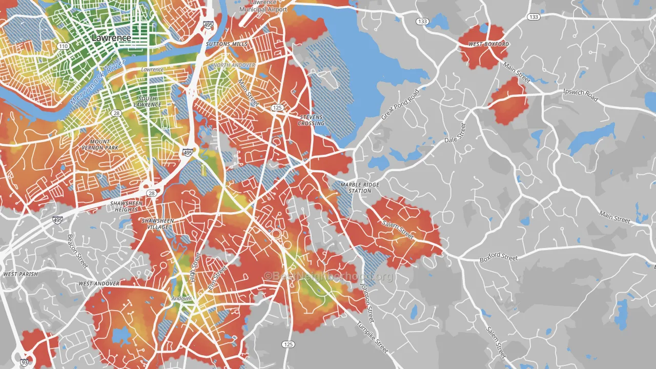 Walk Grade map of North Andover, MA, walkable areas in green and car-dependent areas in red