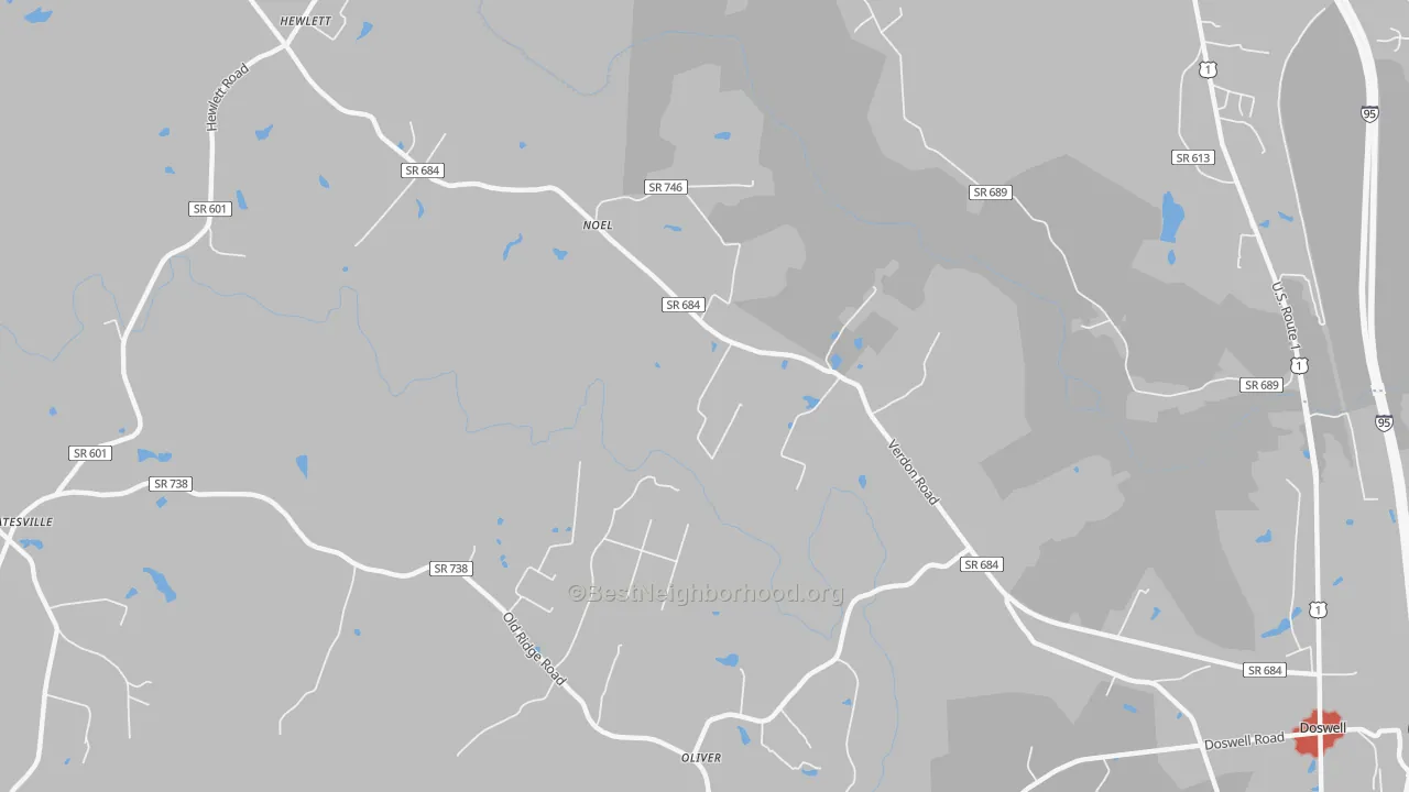 Walk Grade map of North Anna, VA, walkable areas in green and car-dependent areas in red