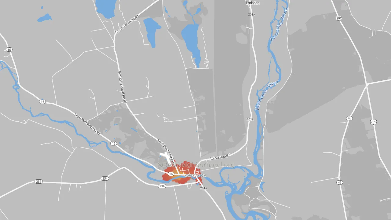 Walk Grade map of North Anson, ME, walkable areas in green and car-dependent areas in red
