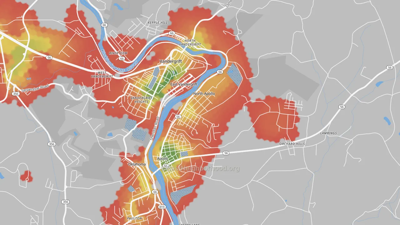 Walk Grade map of North Apollo, PA, walkable areas in green and car-dependent areas in red