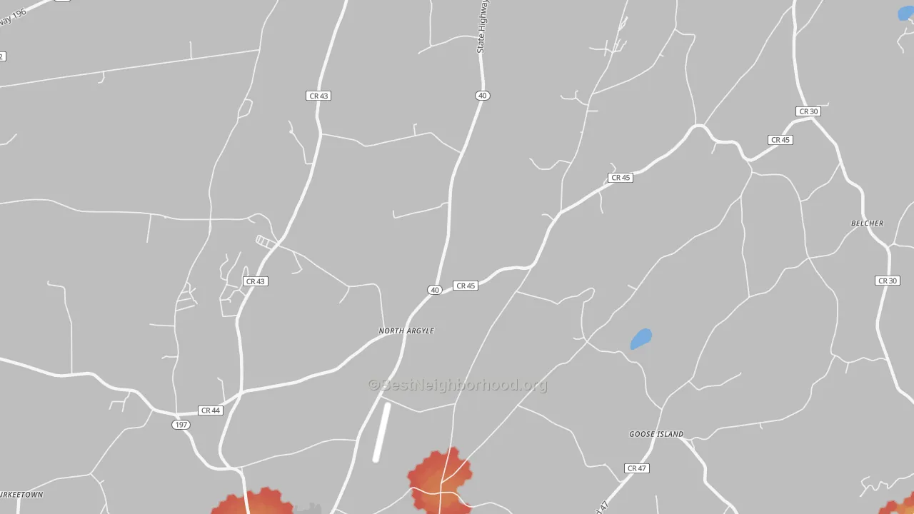 Walk Grade map of North Argyle, NY, walkable areas in green and car-dependent areas in red