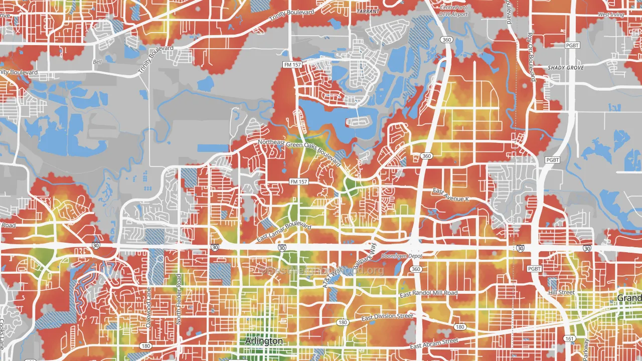 Walk Grade map of North Arlington, Arlington, TX, walkable areas in green and car-dependent areas in red