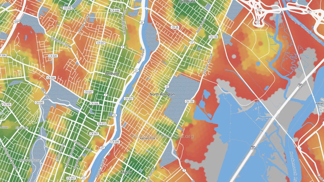 Walk Grade map of North Arlington, NJ, walkable areas in green and car-dependent areas in red