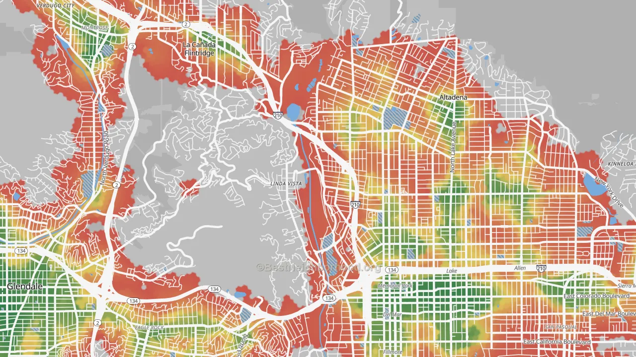 Walk Grade map of North Arroyo, Pasadena, CA, walkable areas in green and car-dependent areas in red