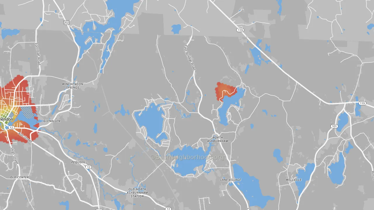 Walk Grade map of North Ashburnham, MA, walkable areas in green and car-dependent areas in red