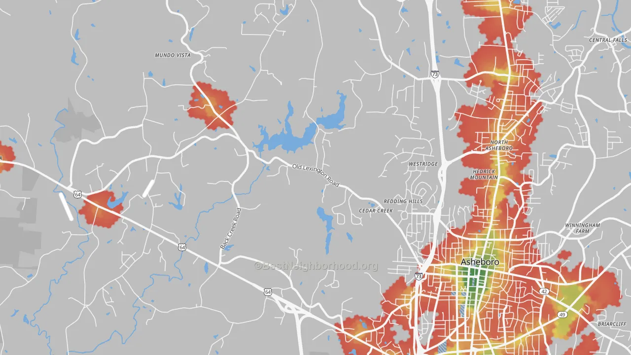 Walk Grade map of North Asheboro, NC, walkable areas in green and car-dependent areas in red