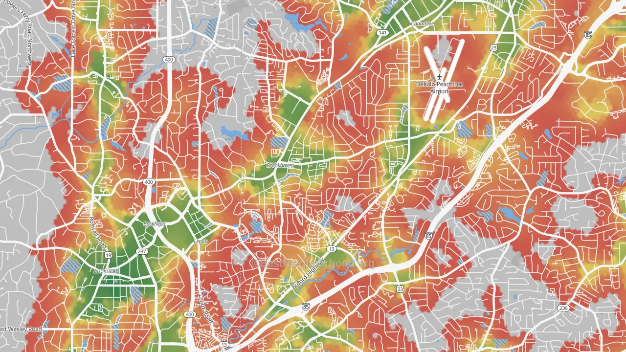 Walk Grade map of North Atlanta, GA, walkable areas in green and car-dependent areas in red