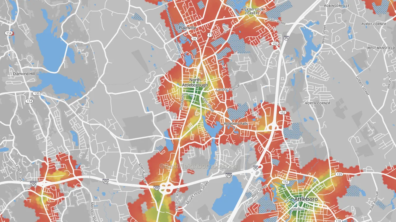 Walk Grade map of North Attleboro, MA, walkable areas in green and car-dependent areas in red