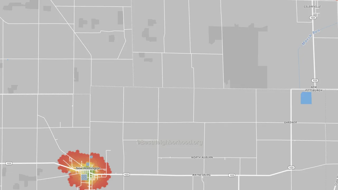 Walk Grade map of North Auburn, OH, walkable areas in green and car-dependent areas in red