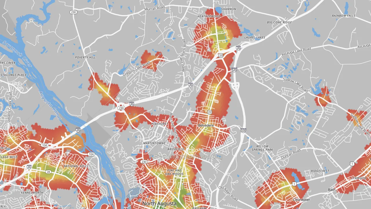 Walk Grade map of North Augusta, SC, walkable areas in green and car-dependent areas in red