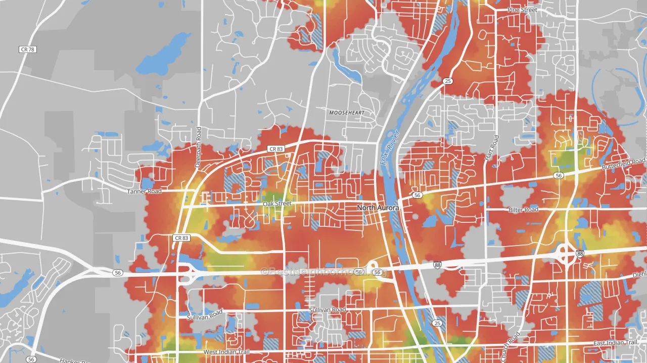 Walk Grade map of North Aurora, IL, walkable areas in green and car-dependent areas in red