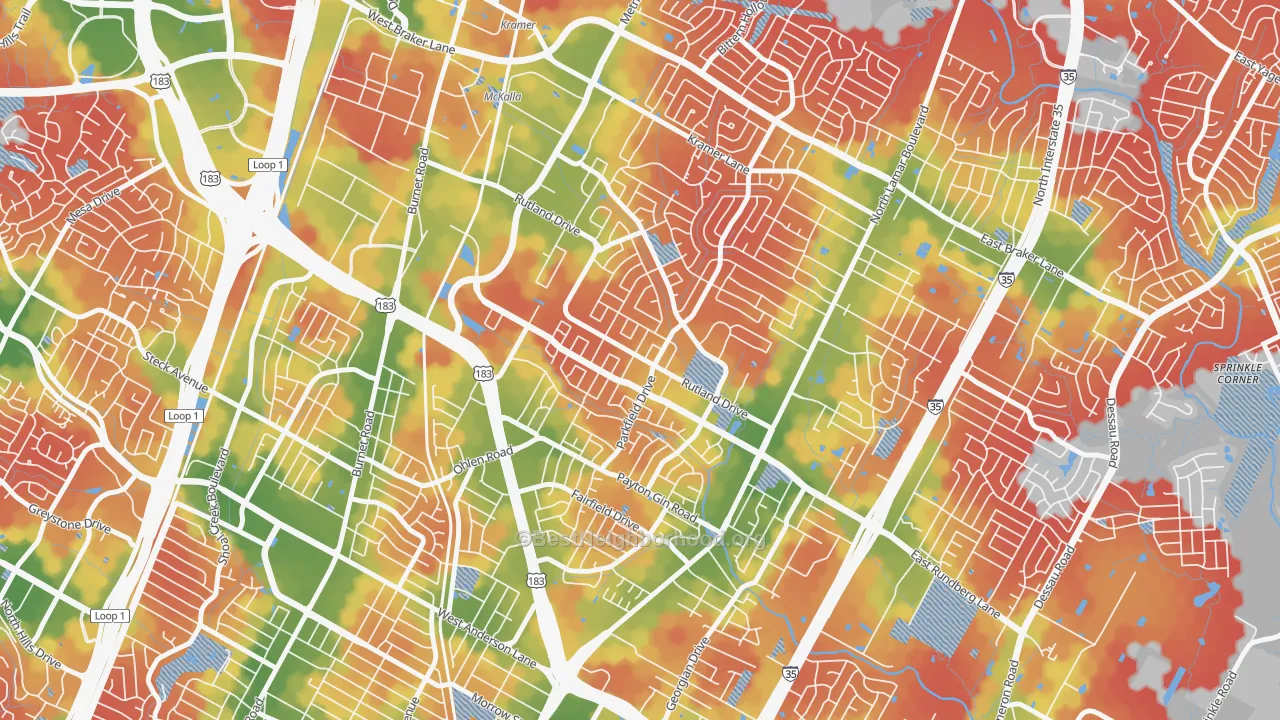Walk Grade map of North Austin, Austin, TX, walkable areas in green and car-dependent areas in red