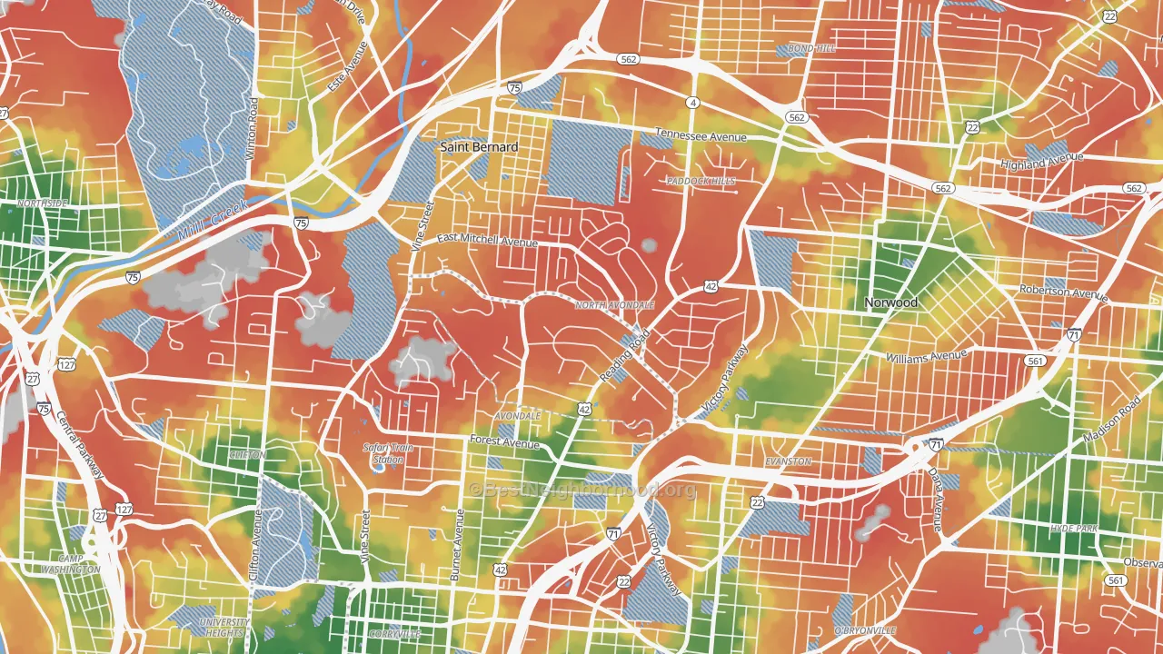 Walk Grade map of North Avondale, Cincinnati, OH, walkable areas in green and car-dependent areas in red