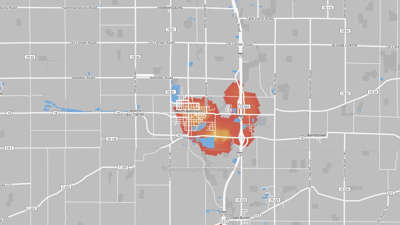 Walk Grade map of North Baltimore, OH, walkable areas in green and car-dependent areas in red