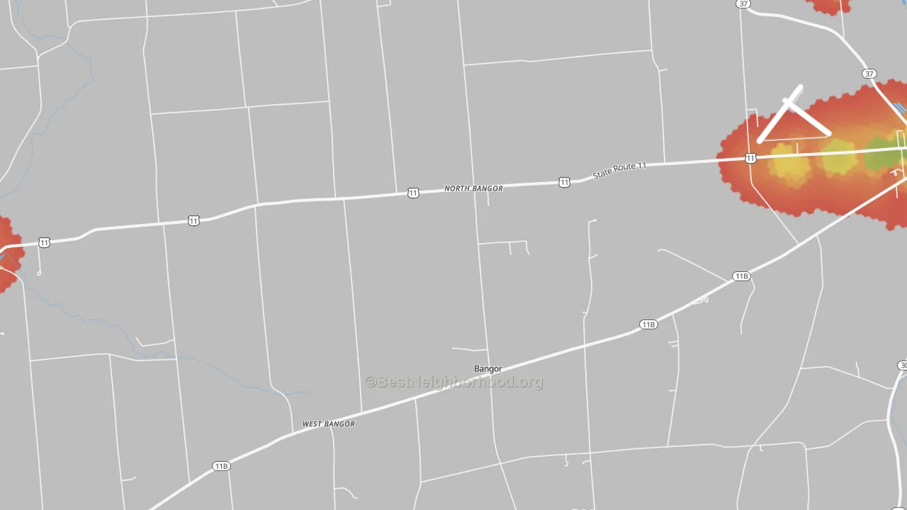 Walk Grade map of North Bangor, NY, walkable areas in green and car-dependent areas in red