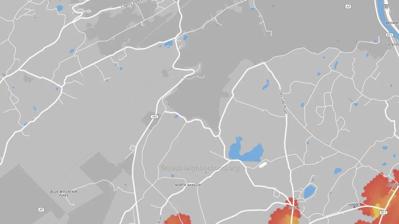 Walk Grade map of North Bangor, PA, walkable areas in green and car-dependent areas in red