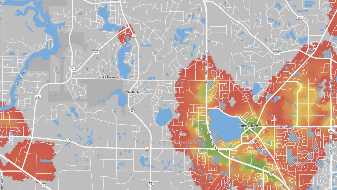 Walk Grade map of North Barrington, IL, walkable areas in green and car-dependent areas in red