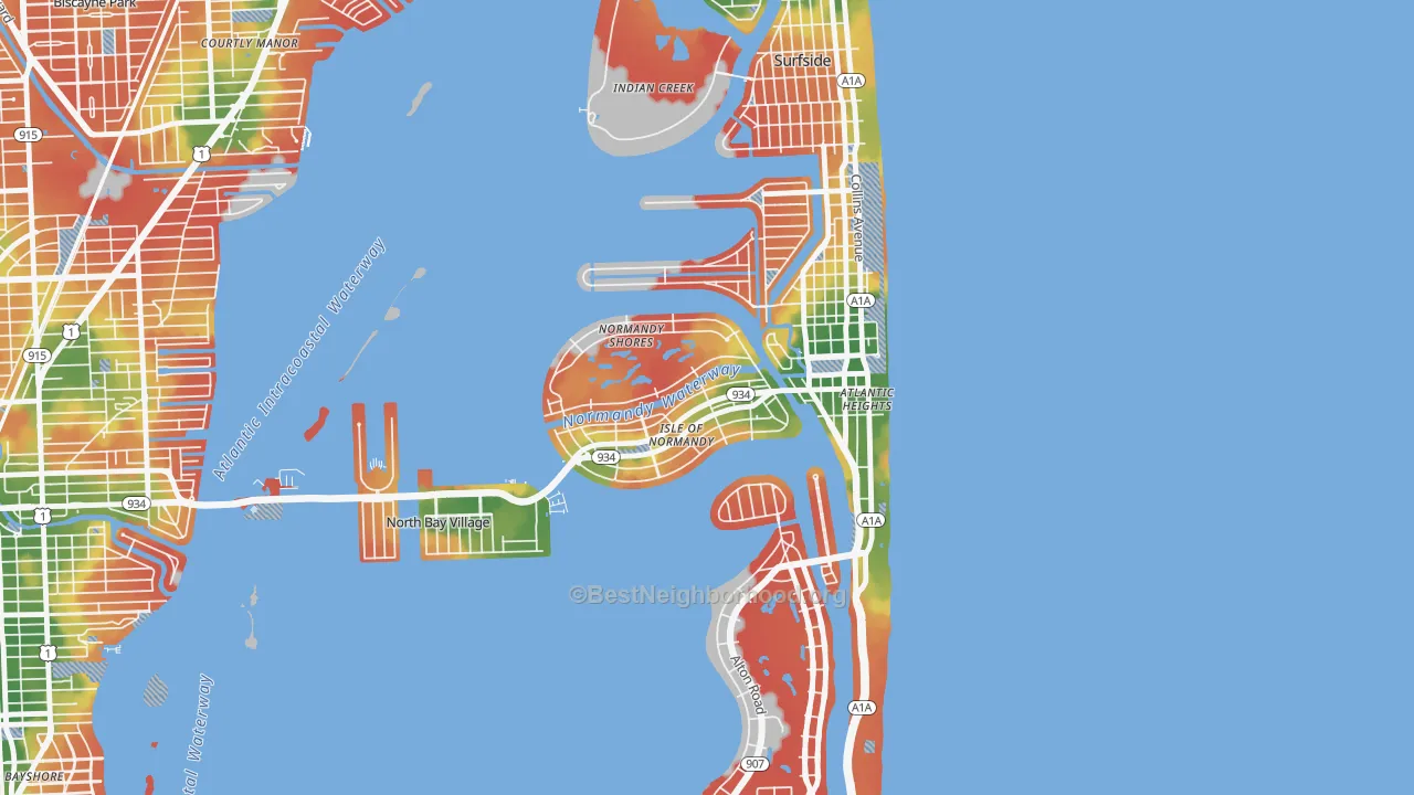 Walk Grade map of North Bay Village, FL, walkable areas in green and car-dependent areas in red