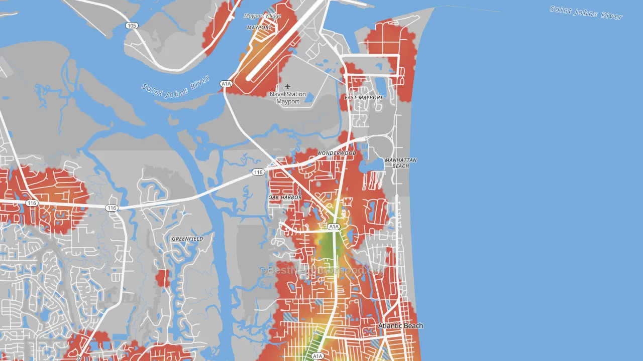 Walk Grade map of North Beach, Atlantic Beach, FL, walkable areas in green and car-dependent areas in red
