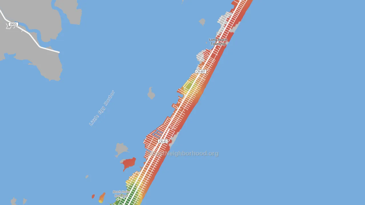 Walk Grade map of North Beach Haven, NJ, walkable areas in green and car-dependent areas in red