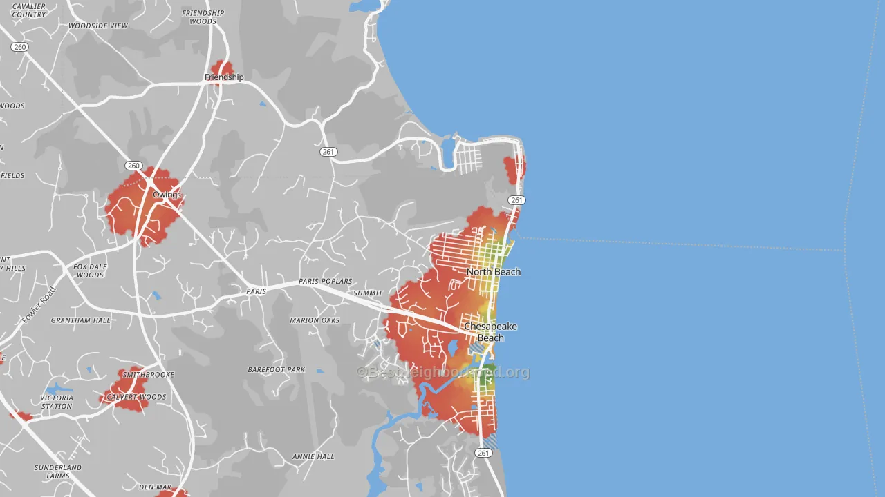 Walk Grade map of North Beach, MD, walkable areas in green and car-dependent areas in red