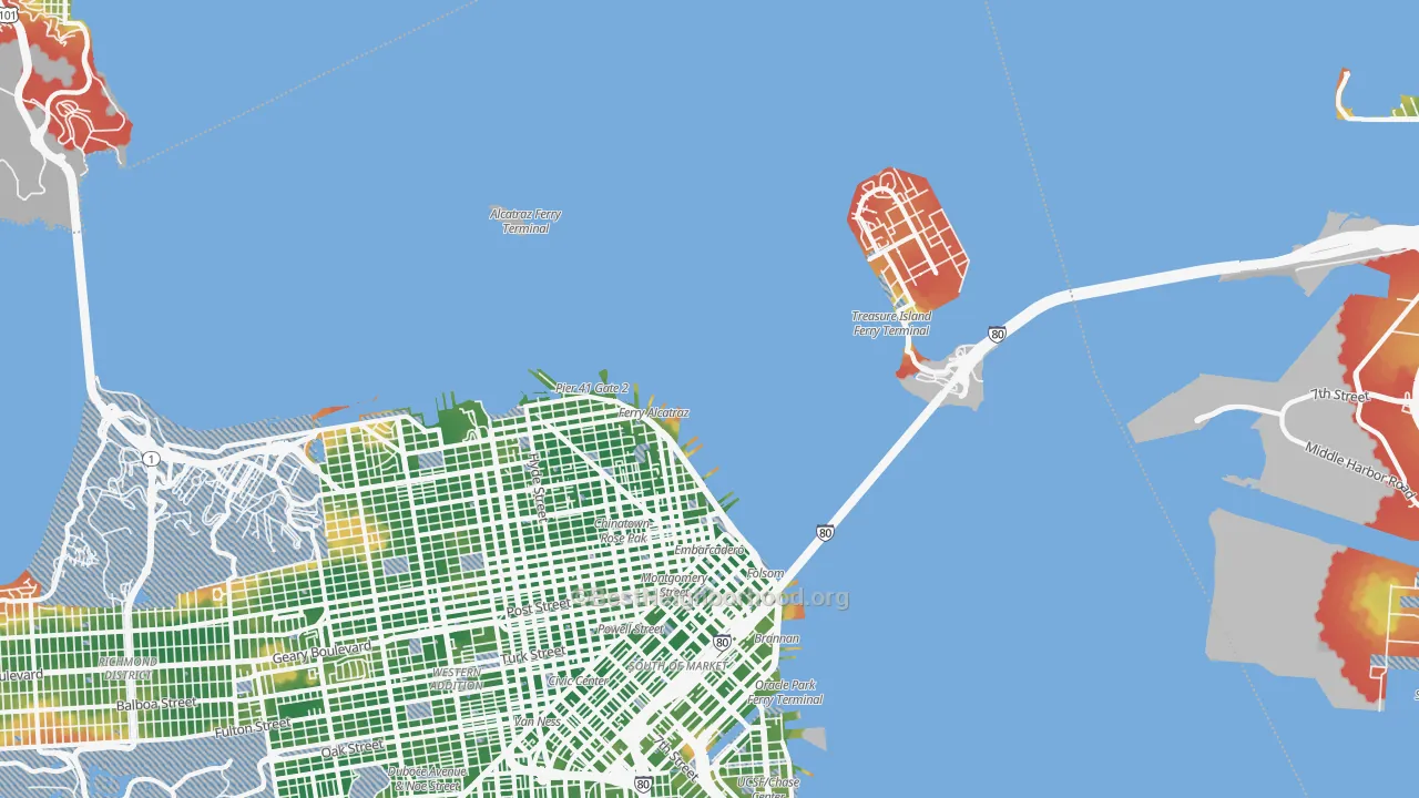 Walk Grade map of North Beach, San Francisco, CA, walkable areas in green and car-dependent areas in red