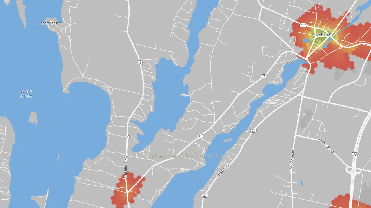 Walk Grade map of North Belgrade, ME, walkable areas in green and car-dependent areas in red