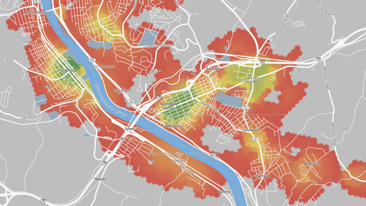 Walk Grade map of North Belle Vernon, PA, walkable areas in green and car-dependent areas in red