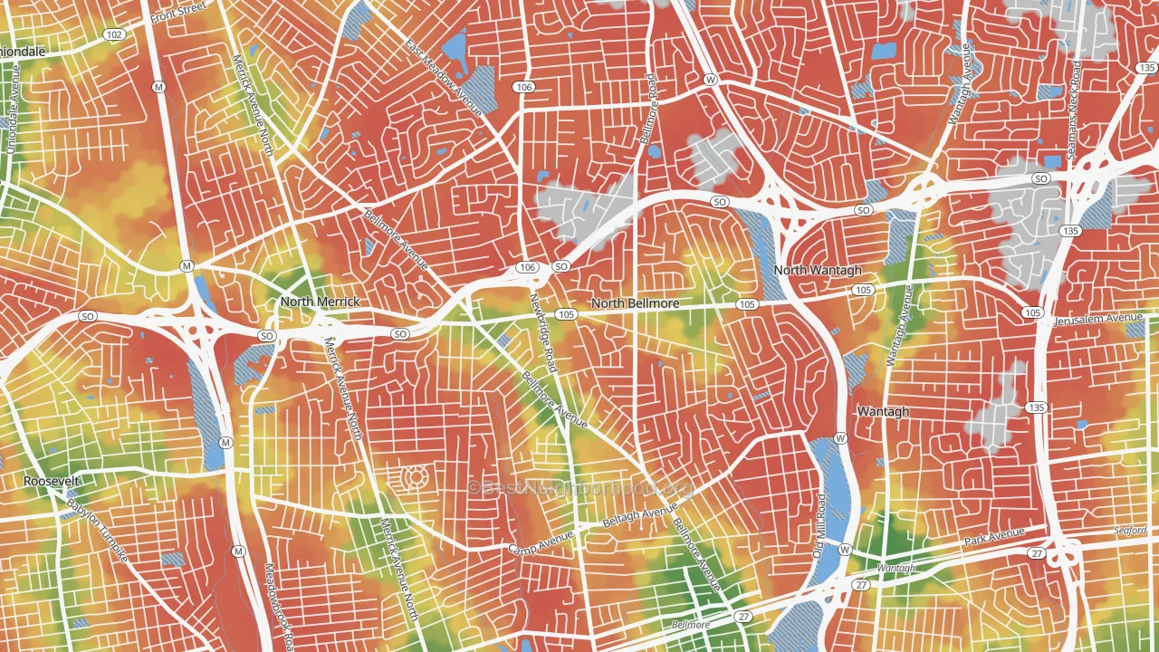 Walk Grade map of North Bellmore, NY, walkable areas in green and car-dependent areas in red