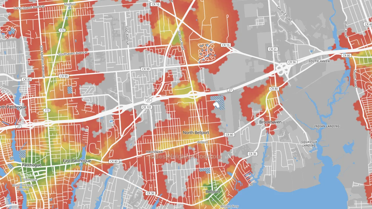 Walk Grade map of North Bellport, NY, walkable areas in green and car-dependent areas in red