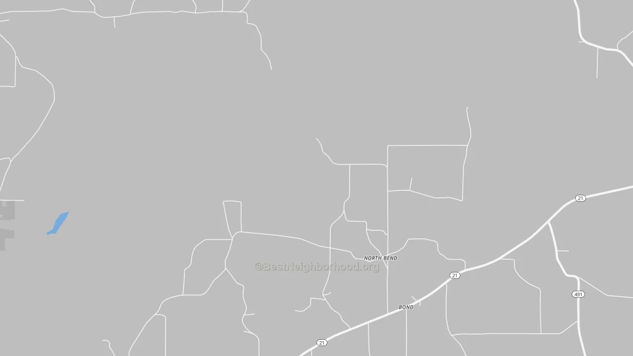 Walk Grade map of North Bend, MS, walkable areas in green and car-dependent areas in red